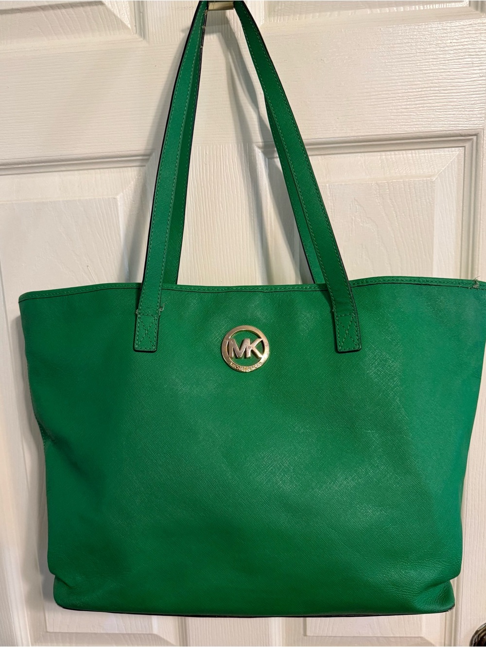 Michael Kors Saffiano Leather Green Jet Set Tote with Gold MK Emblem